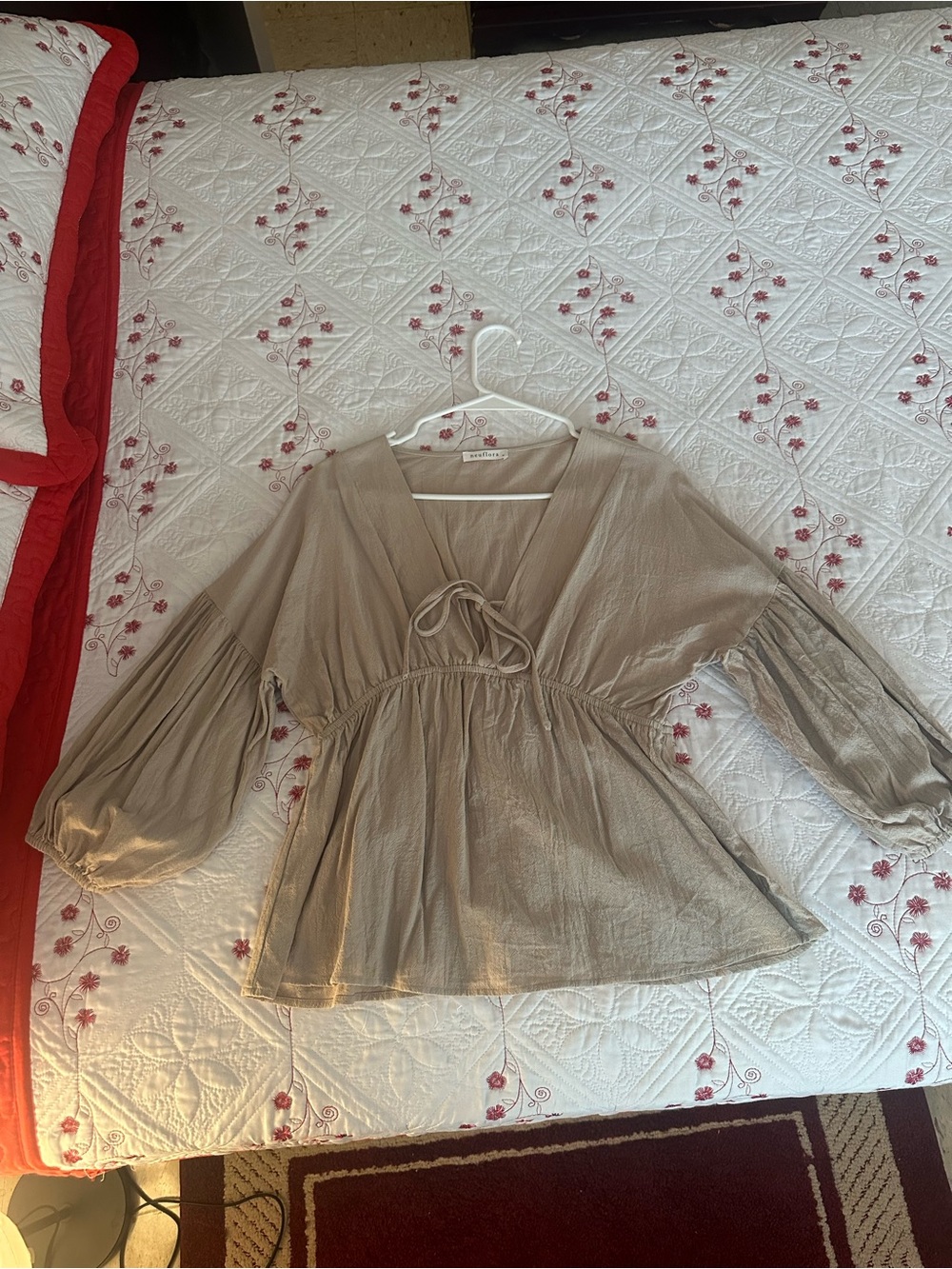 Taupe Peasant Tie-Front Blouse